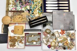 A BOX OF ASSORTED COSTUME JEWELLERY AND OTHER ITEMS, to include a quantity of costume jewellery such
