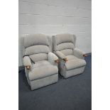 TWO HSL OATMEAL UPHOLSTERED AMRCHAIRS, one electric rise and recline (PAT pass and working)