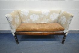 A 19TH CENTURY BOX FRAME SOFA, with mahogany turned legs, length 138cm x depth 55cm x height 85cm (