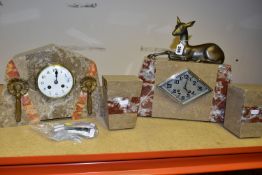 A FRENCH ART DECO MARBLE CLOCK AND CLOCK GARNITURE, the clock with garniture of trapezium form, case