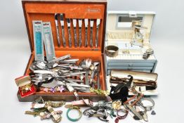 A BOX OF ASSORTED ITEMS, to include a white metal hinged bangle, stamped silver, approximate gross