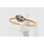 AN 18CT GOLD DIAMOND RING, six single cut diamonds set in a white metal navette shaped mount,