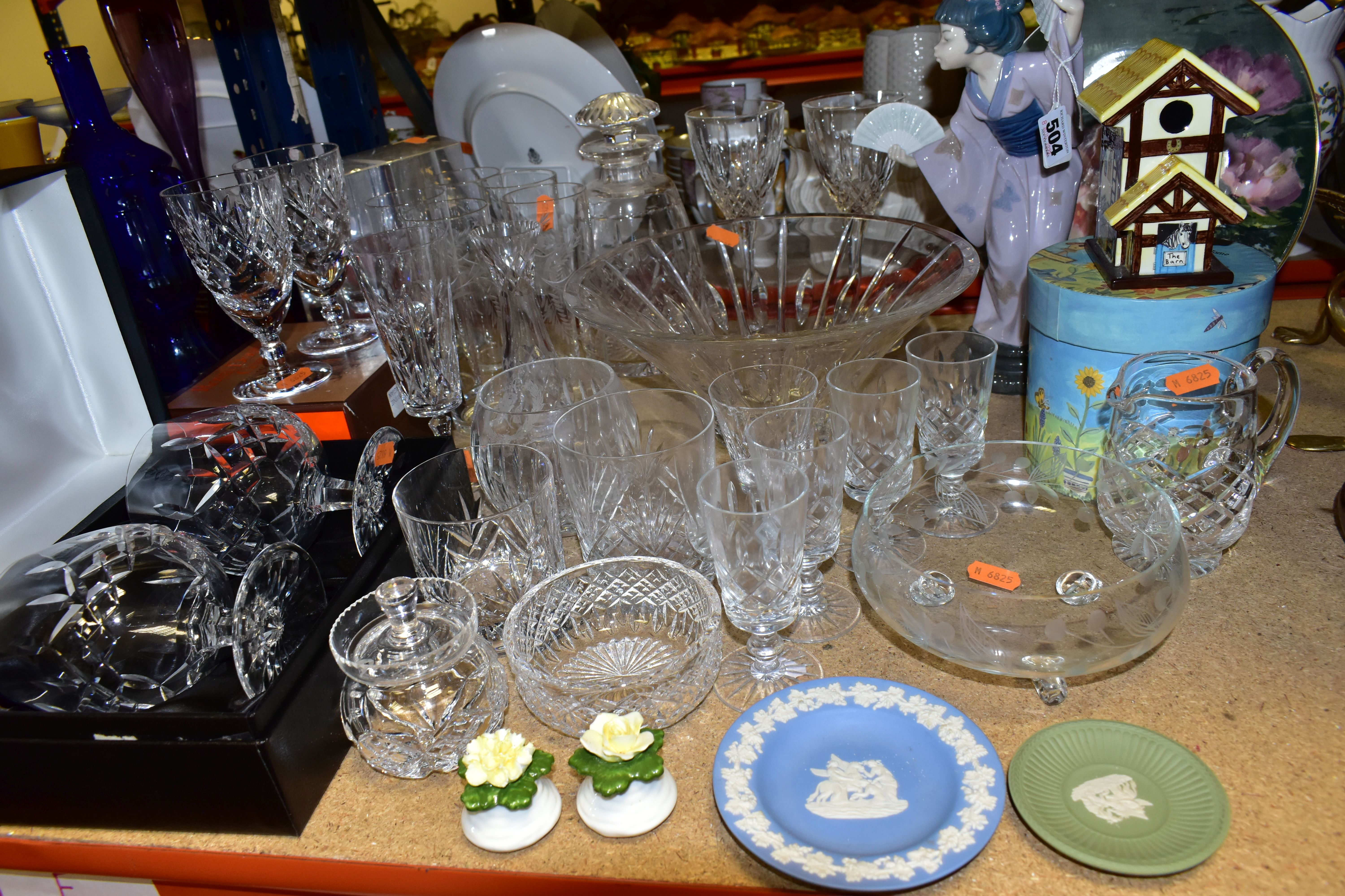A GROUP OF CERAMICS AND GLASSWARES, to include a cased pair of Waterford Crystal brandy glasses, a