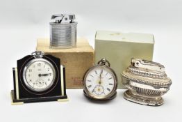 A SELECTION OF POCKET WATCHES AND LIGHTERS, to include a silver 'G.AA Ronson' open face pocket