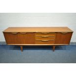 A MID-CENTURY JENTIQUE TEAK SIDEBOARD, with a fall front door enclosing a beech interior, double