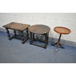 AN OAK OCCASIONAL TABLE, with leaves to the top surface, a small drop occasional table, a wine