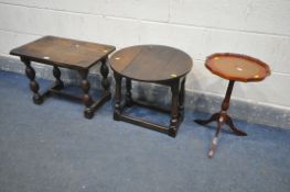 AN OAK OCCASIONAL TABLE, with leaves to the top surface, a small drop occasional table, a wine