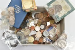 A SMALL BOX OF MIXED COINAGE, to include a small amount of silver content coins 2 ½ Guilden Austrian