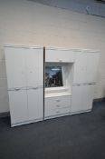 A WHITE FINISH THREE PIECE BEDROOM FITMENT, overall width 230cm