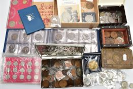 A BOX OF MIXED COINAGE, to include a small album of copper coins, tins and boxes of world coins,