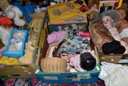 THREE BOXES OF BISQUE DOLLS, DOLLS FURNITURE AND VINTAGE SOFT TOYS, to include a wicker rocking