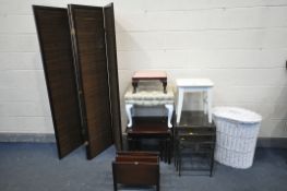 A SELECTION OF OCCASIONAL FURNITURE, to include a folding floor screen, two nest of three tables,