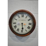 A 19TH CENTURY MAHOGANY WALL CLOCK, with a single fusee movement, 11 inch enamel dial with Roman