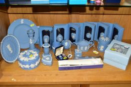 A COLLECTION OF WEDGWOOD PALE BLUE JASPER WARE, including the Jasper Perfume Bottle Collection,
