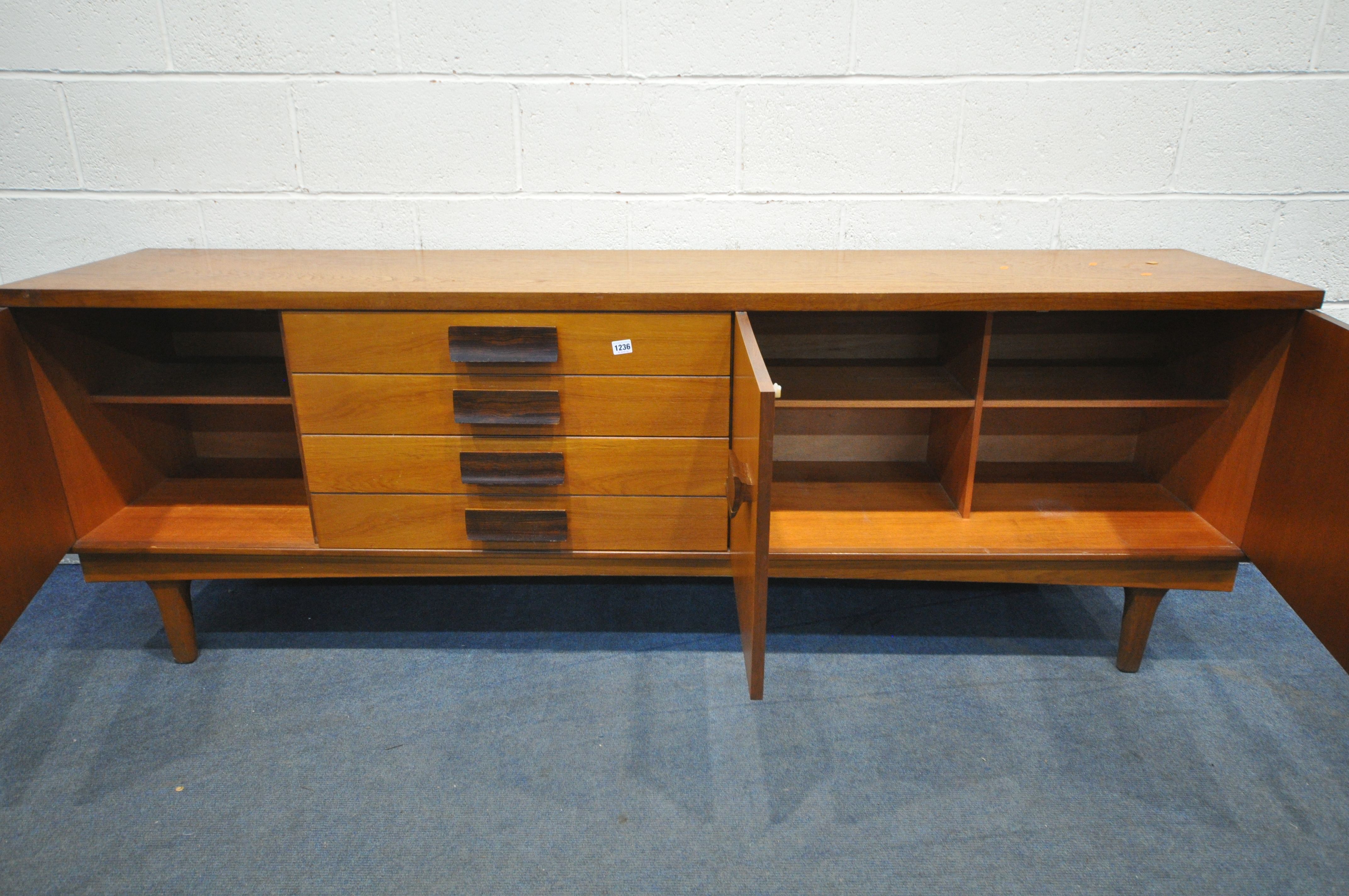 A BATH CABINET MAKERS 1960'S TEAK SIDEABOARD, with a single and double cupboard doors that a both - Image 3 of 3
