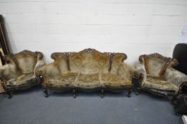 A 20TH CENTURY ITALIAN THREE PIECE LOUNGE SUITE, comprising a three seater sofa, and a pair of