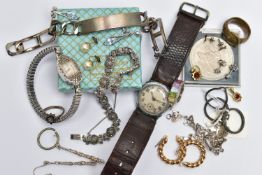 A SELECTION OF SILVER, WHITE METAL, COSTUME JEWELLERY, A COIN AND A VINTAGE WATCH, to include a