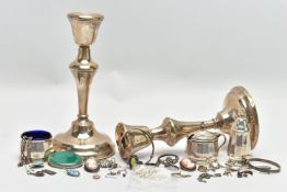 A SELECTION OF SILVER AND WHITE METAL JEWELLERY AND TABLEWARE, to include a pair of silver