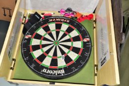 A UNICORN STRIKER DARTBOARD WITH CASE, to include darts and accessories, dry wipe scoreboards to