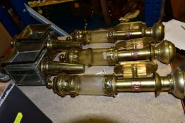 FIVE BRASS AND COPPER REPRODUCTION RAILWAY LAMPS, including three reproduction GWR interior carriage