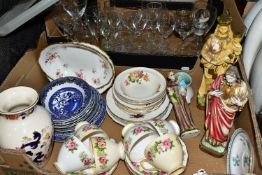 TWO BOXES OF CHRISTIAN STATUES, CERAMICS AND GLASS WARES, to include three chalkware statues of