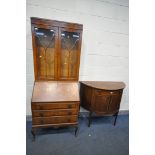 AN EDWARDIAN MAHOGANY DEMI LUNE SIDEBOARD, with a single drawer above double cupboard doors, width