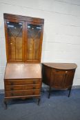 AN EDWARDIAN MAHOGANY DEMI LUNE SIDEBOARD, with a single drawer above double cupboard doors, width