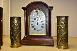 TWO TRENCH ART VASES TOGETHER WITH A GERMAN MANTEL CLOCK, the vases have are decorated with