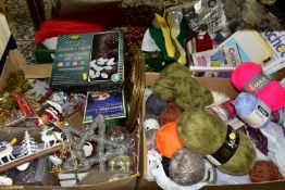 FOUR BOXES OF CHRISTMAS DECORATIONS, BALLS OF WOOL AND CROCHET PATTERNS, to include a large