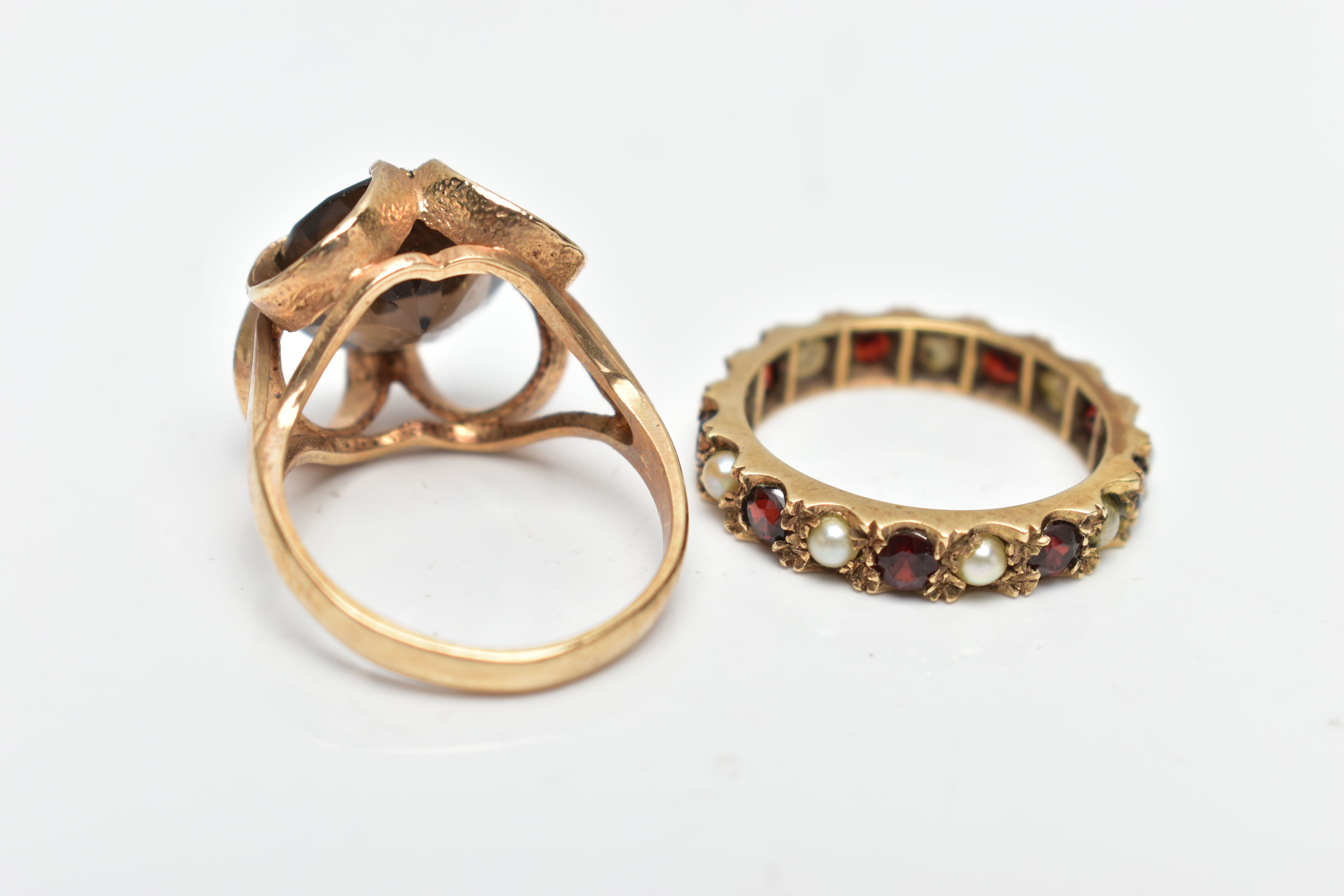 TWO YELLOW METAL GEM SET RINGS, to include a 1970s smokey quartz single stone ring, hallmarked - Image 4 of 4