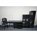 A QUANTITY OF IKEA OFFICE FURNITURE, to include a desk, swivel chair, side desk, rolling cabinet,