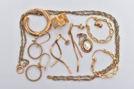 A SELECTION OF MAINLY 9CT GOLD JEWELLERY, to include a yellow metal half hoop single earring, with