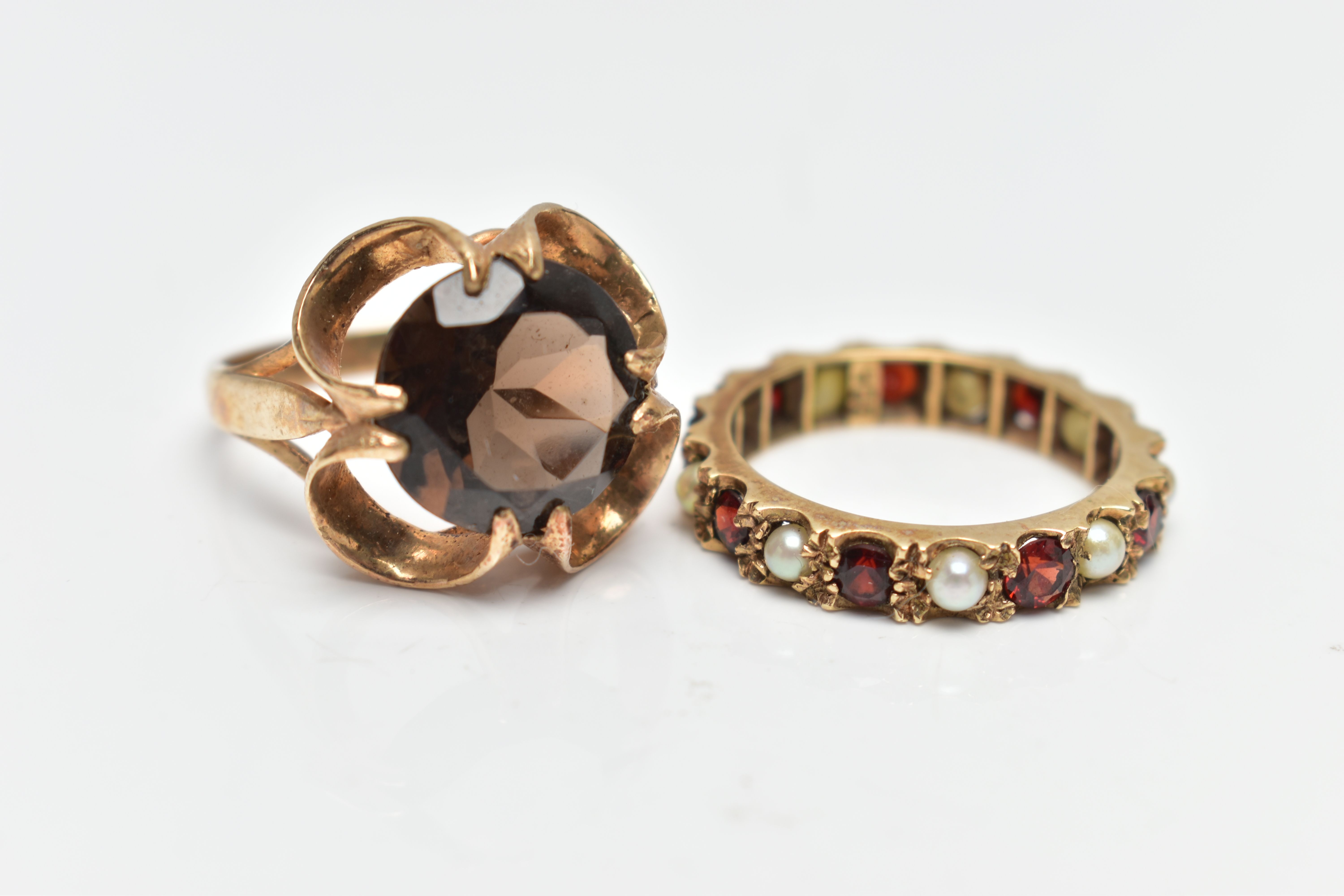 TWO YELLOW METAL GEM SET RINGS, to include a 1970s smokey quartz single stone ring, hallmarked - Image 2 of 4