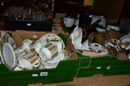 SIX BOXES OF CERAMICS, GLASS WARES AND HAT PINS, to include a thirty six piece 1960s Midwinter