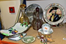 A GROUP OF CERAMICS, GLASS AND LEAD TOYS, to include a Carlton Ware lustre comport with relief