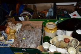 SIX BOXES OF STONEWARE, CERAMICS, GLASSWARE AND BREWERIANA, to include a collection of named beer