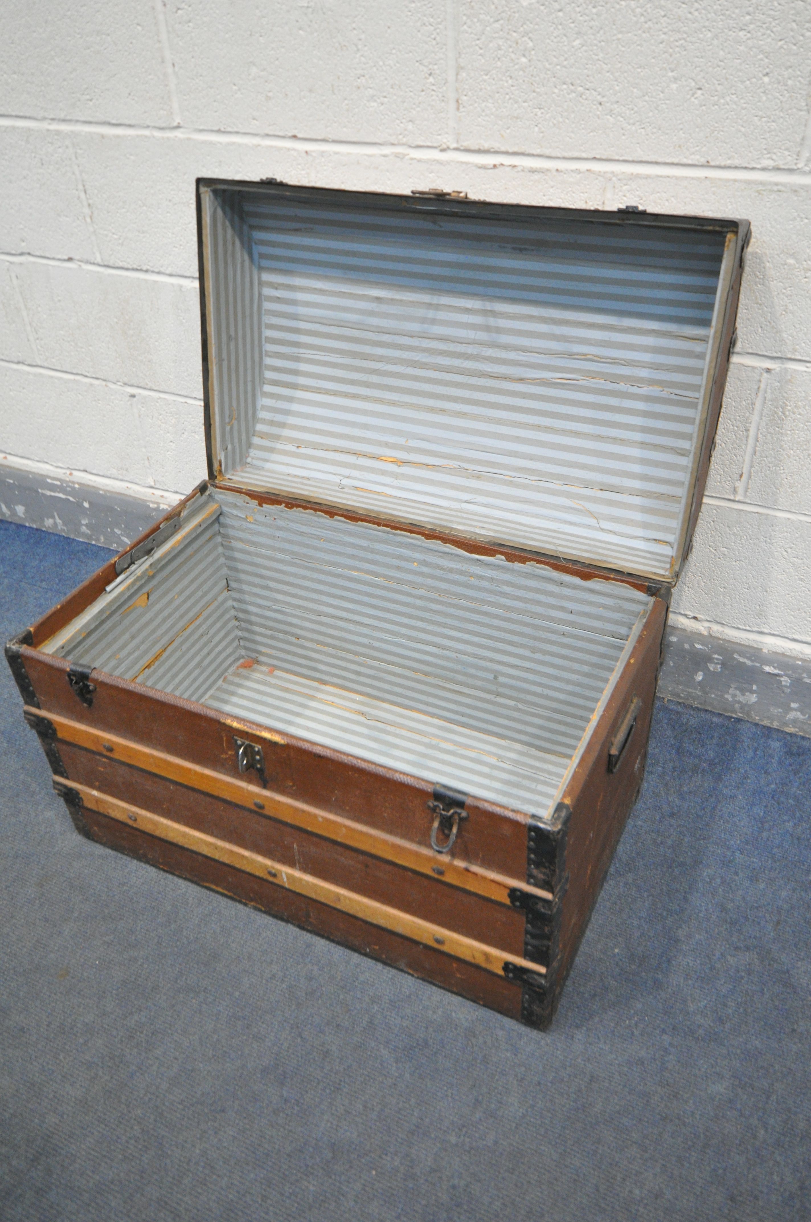 A VINTAGE DOMED TOP TRUNK, with wooden and metal banding, width 76cm x depth 46cm x height 54cm ( - Image 2 of 2