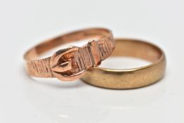 TWO 9CT GOLD BAND RINGS, the first a rose gold buckle ring, polished buckle detail to a textured