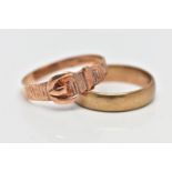 TWO 9CT GOLD BAND RINGS, the first a rose gold buckle ring, polished buckle detail to a textured