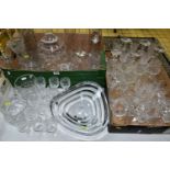 TWO BOXES OF CUT GLASS AND CRYSTAL, to include a triangular shaped, stepped underside crystal