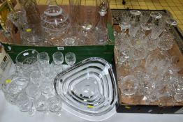 TWO BOXES OF CUT GLASS AND CRYSTAL, to include a triangular shaped, stepped underside crystal