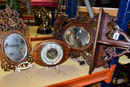 TWO WOODEN FRAMED MIRRORS AND A BAROMETER, comprising a hall mirror with shelf, carved with