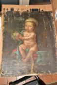 18TH CENTURY SCHOOL, PUTTO HOLDING A BOUQUET OF FLOWERS, with fabric draped over one shoulder and