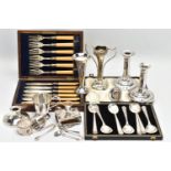 A SELECTION OF SILVERWARE AND WHITE METAL ITEMS, to include a silver matchbox sleeve chamberstick