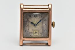 A 9CT GOLD WATCH HEAD, hand wound movement, square dial, Arabic numerals, subsidiary seconds dial at