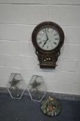 A LATE 19TH CENTURY MAHOGANY DROP DIAL WALL CLOCK, with key and pendulum, along with a Tiffany style