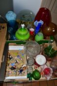 TWO BOXES OF COLOURED GLASS WARES, to include a green Bohemia Glass cockerel paperweight, two Chance