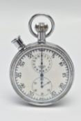 A 'HEUER' SPLIT SECONDS POCKET STOPWATCH, hand wound movement, round white dial signed 'Heuer',