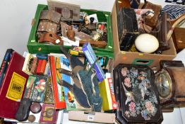 FOUR BOXES OF GAMES, TOYS, CLOCKS, UMBRELLAS, 19TH CENTURY BLACK LACQUERED WORK BOX IN NEED OF