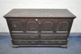 A GEORGIAN MAHOGANY MULE CHEST, with fielded panels above four drawers, on bracket feet, width 149cm